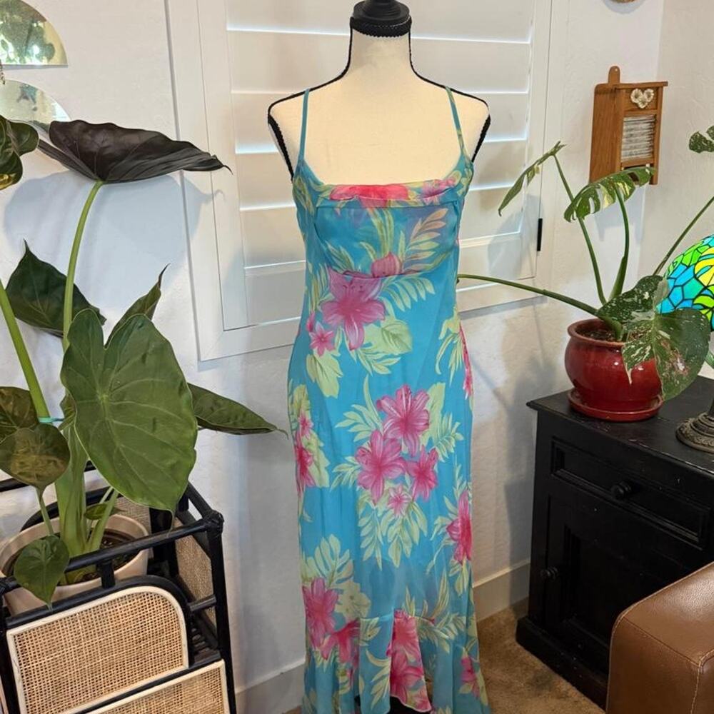 Vintage Y2K Rampage Tropical Floral Midi Dress Sharkbite Hem Size 8